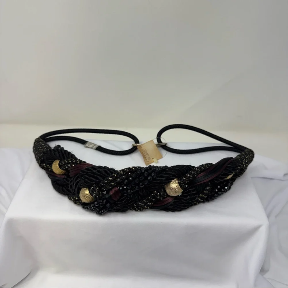 Vintage Braided Rope Belt Black Gold Beaded Statement Belt Boho